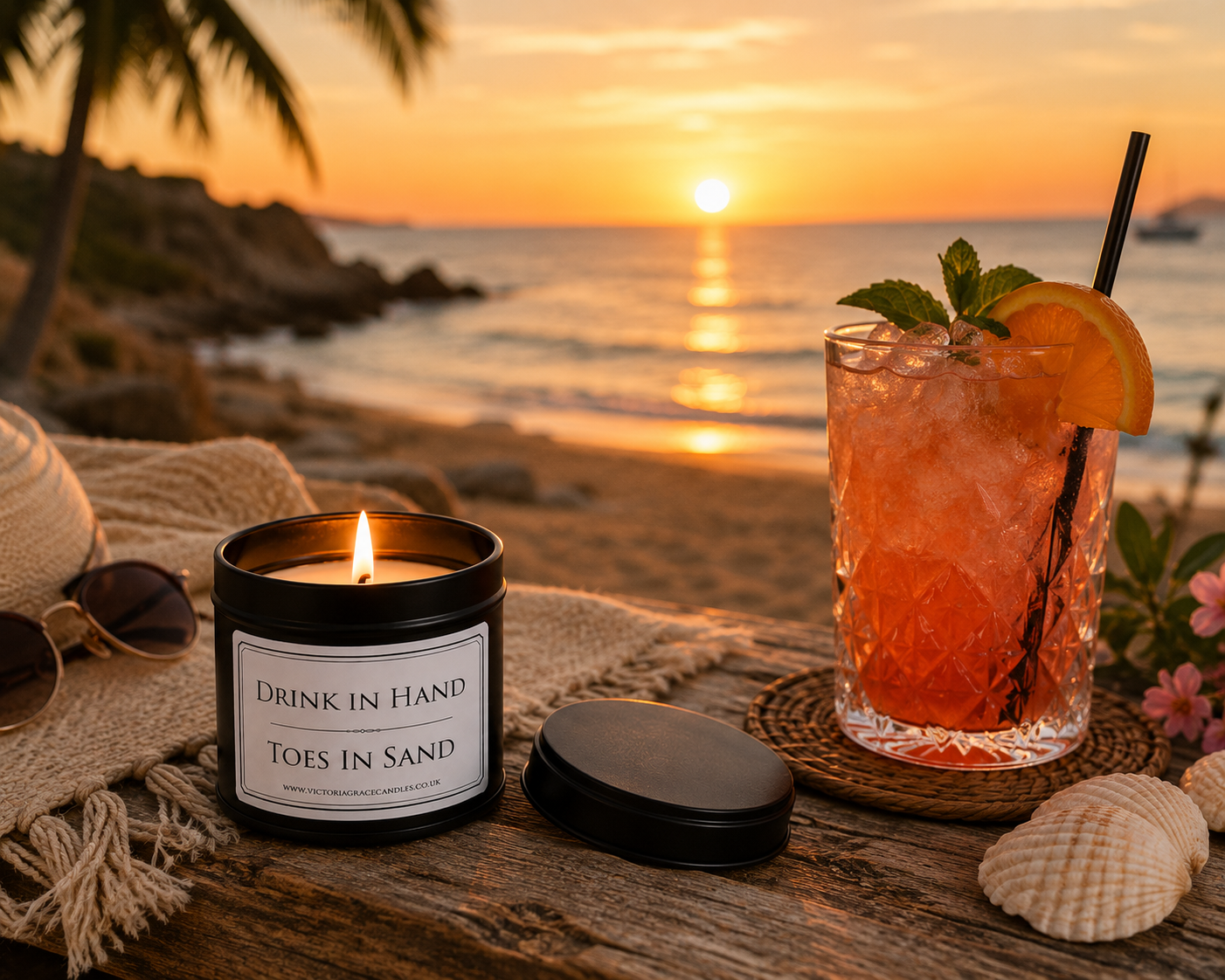 Luxury black soy wax candle beside a tropical cocktail overlooking a sandy beach and the sea at sunset, creating the perfect holiday setting.