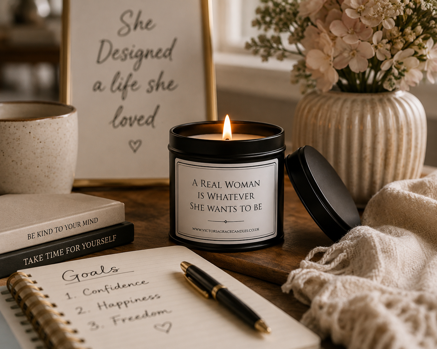 A black candle jar with a lit flame sits on a wooden table in a cozy styled setting, with a matching black lid beside it. The candle label reads, 'A REAL WOMAN IS WHATEVER SHE WANTS TO BE.