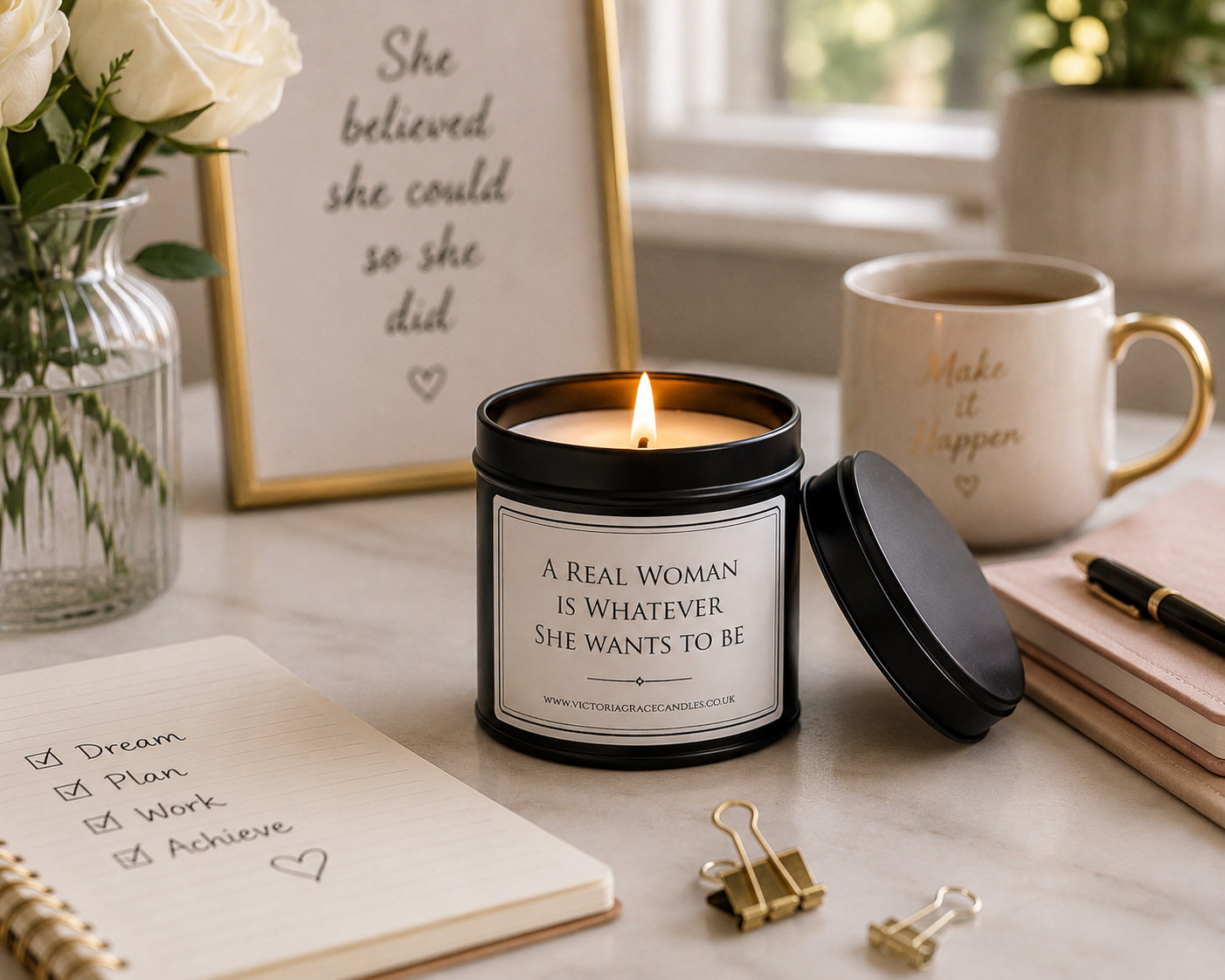 A black candle jar with a white label reading 'A REAL WOMAN IS WHATEVER SHE WANTS TO BE' sits on a desk beside a matching candle lid, notebook, flowers, mug, and framed sign in a bright home office setting.