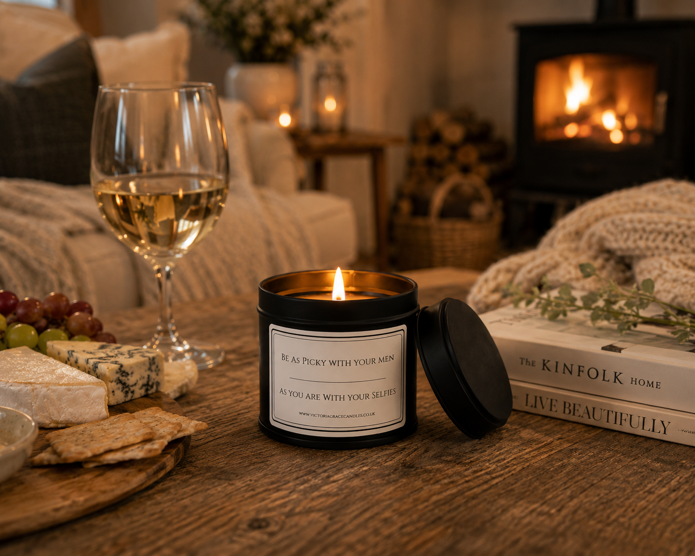 Black tin candle with the word be as picky with your men as you are with your selfies on it in a cosy cottage environment