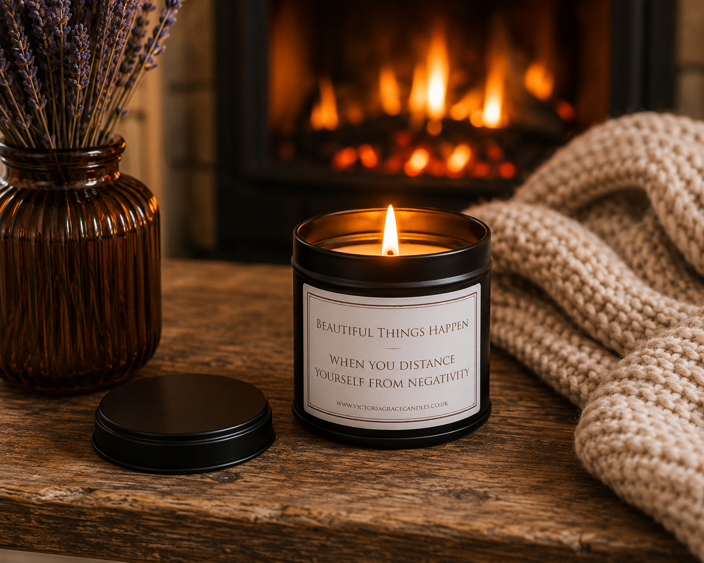 Luxury inspirational candle beside a glowing fireplace with a chunky knitted blanket and amber glass vase, creating a warm and peaceful setting.