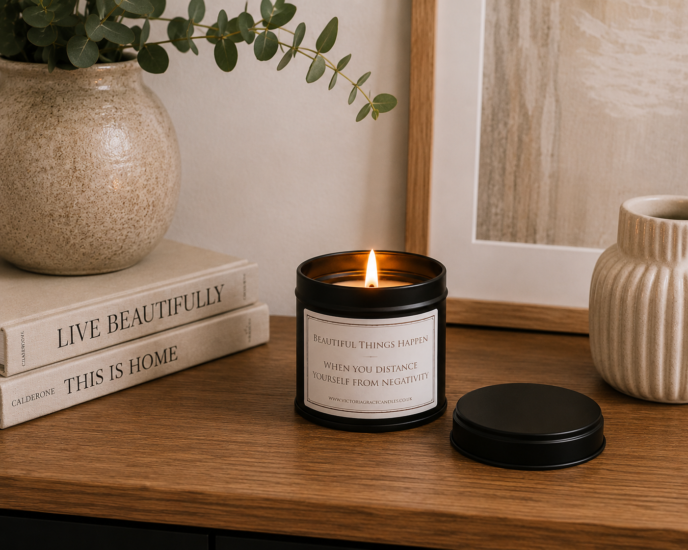 Luxury black soy wax candle displayed on a wooden sideboard with eucalyptus, decorative books and neutral home décor in a modern, calming interior.