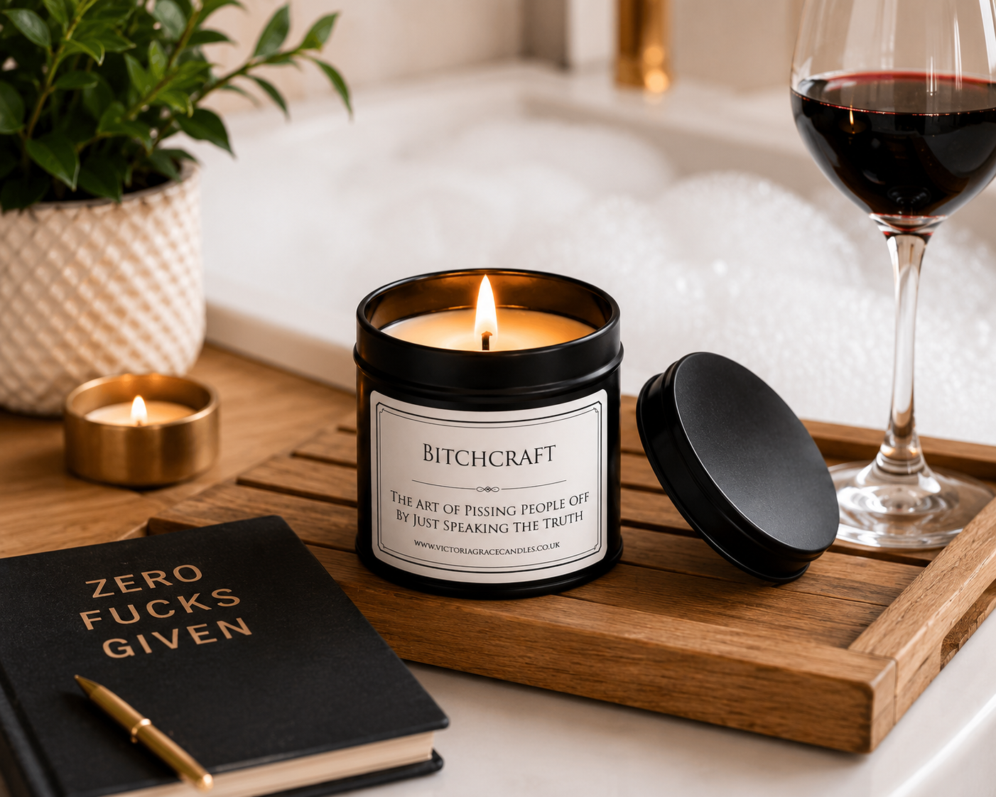 A lit black candle jar labeled BITCHCRAFT sits on a wooden tray beside its lid, with a wine glass, notebook, candle, and plant in a bathroom-like setting.