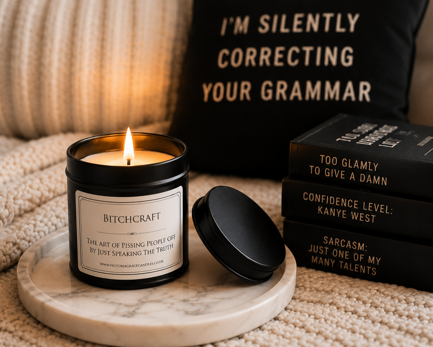 A lit black candle jar with a white label reading BITCHCRAFT sits on a round marble coaster, with the lid placed beside it. The scene is styled on a beige knit blanket with a black pillow that says “I’M SILENTLY CORRECTING YOUR GRAMMAR” and a stack of black books.
