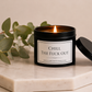 Luxury soy wax candle on a marble surface with eucalyptus leaves, creating a calming spa-inspired atmosphere.