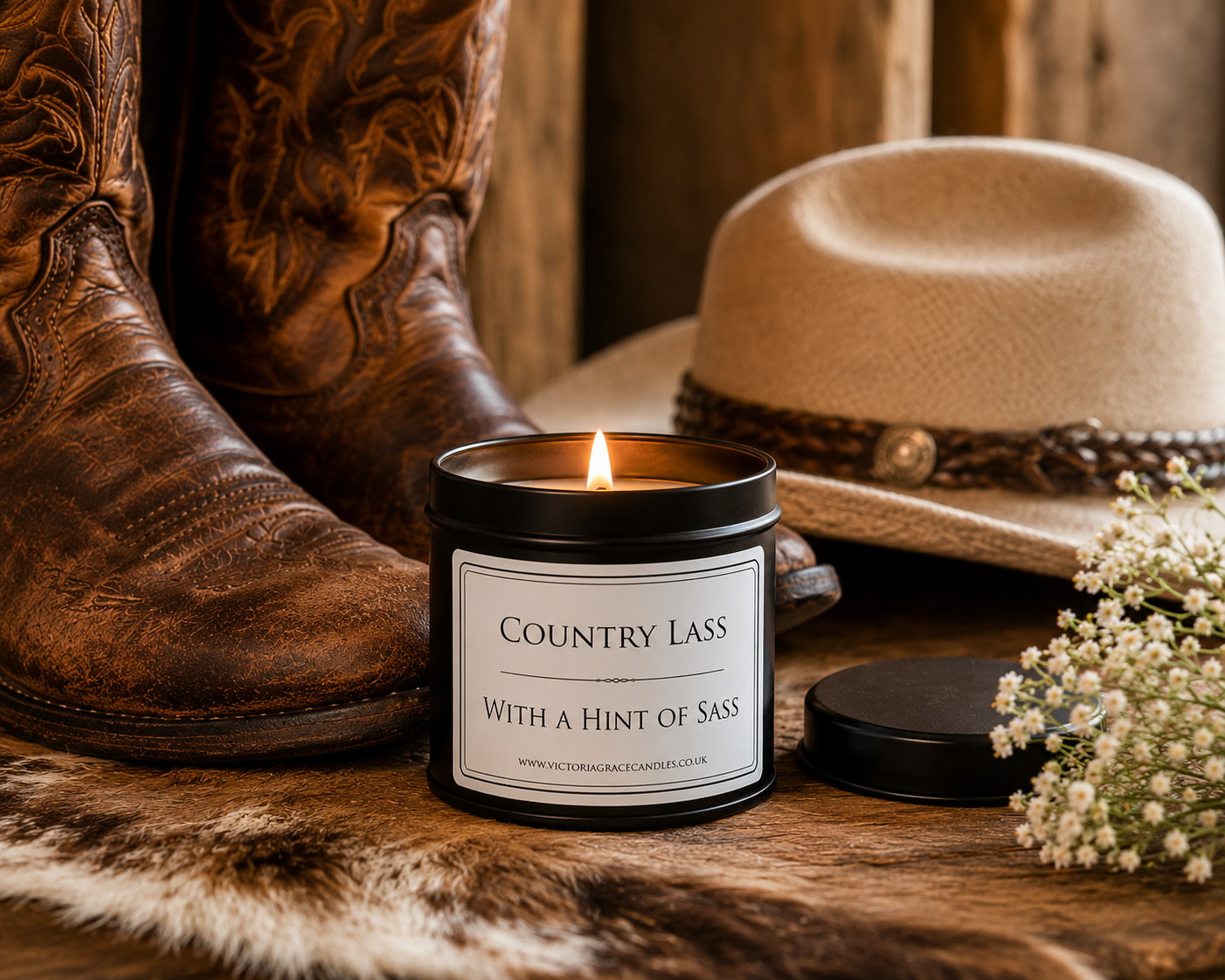 A lit candle in a black tin labeled 'Country Lass with a Hint of Sass' sits on a rustic wooden surface with cowboy boots, a straw hat, and small white flowers around it.
