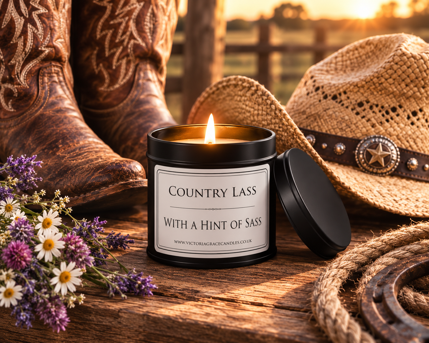 A lit black metal candle tin labeled 'COUNTRY LASS WITH A HINT OF SASS' sits on a rustic wooden surface outdoors at sunset, surrounded by cowboy boots, a straw hat, flowers, and rope.