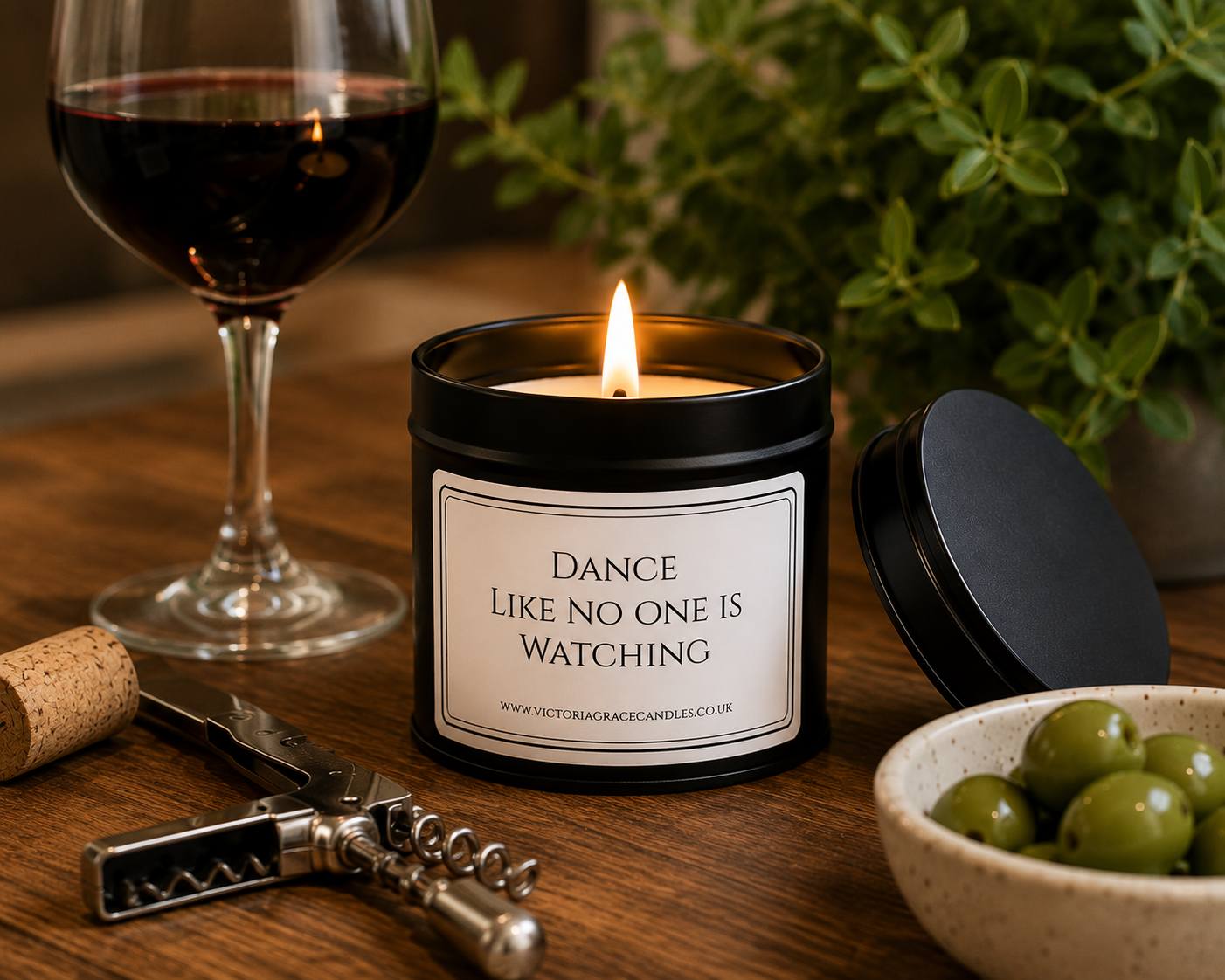 A lit candle in a black tin jar sits on a wooden table with a wine glass, corkscrew, olives, and greenery in the background. The front label reads, "Dance Like No One Is Watching.