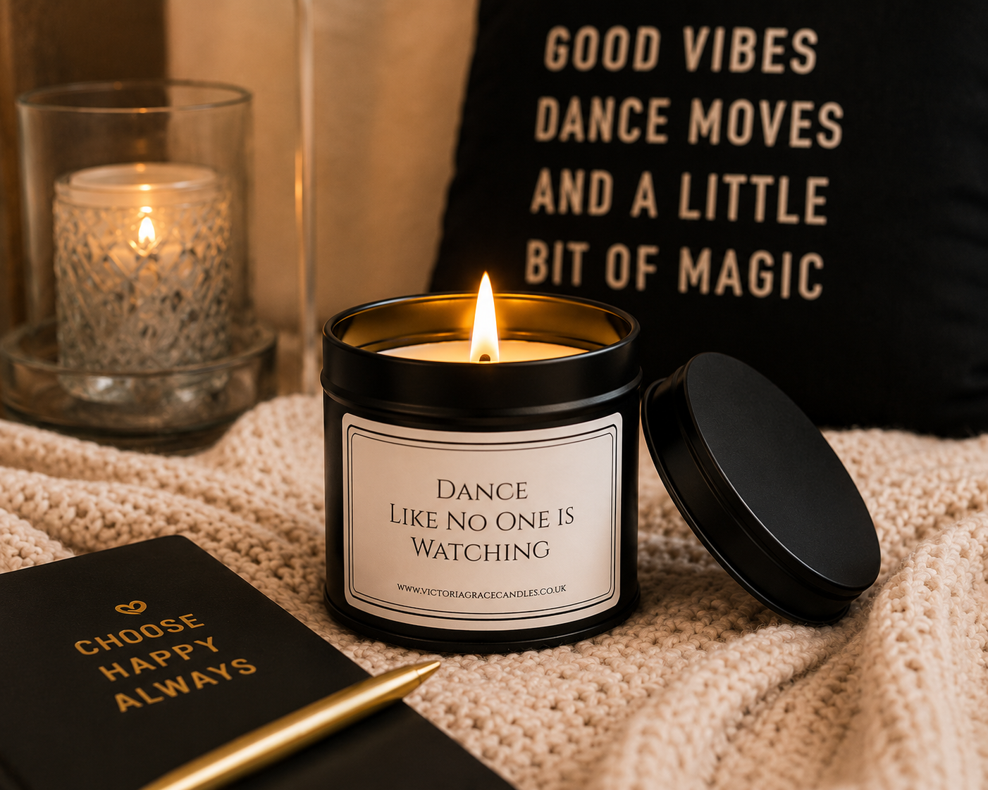 A black metal candle jar with a white label reading 'Dance Like No One Is Watching' sits on a cream knit blanket, with its lid beside it. A lit candle in a glass holder, a black notebook with gold text, and a black pillow with gold text are arranged around it in a cozy indoor setting.