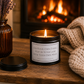 Luxury inspirational candle beside a glowing fireplace with a chunky knitted blanket and amber glass vase, creating a warm and cosy setting.