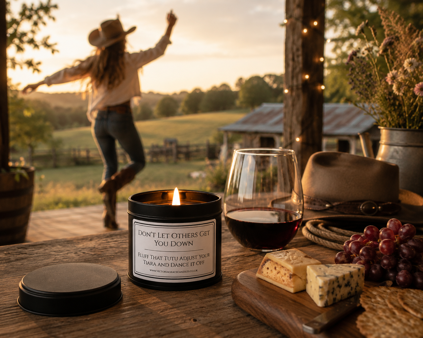 black tin candle with the words don't let others get you down on is in a sunset setting with a cowgirl dancing in the back ground