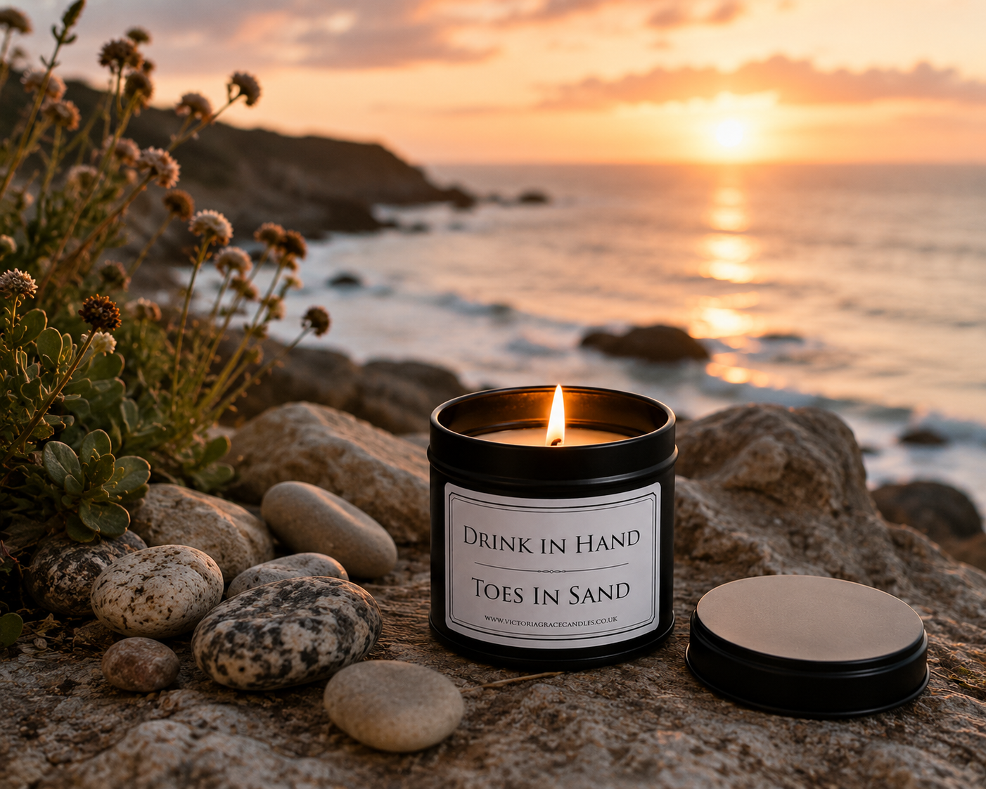 Luxury soy wax candle overlooking the ocean with waves, golden sunset light and a relaxing coastal backdrop.
