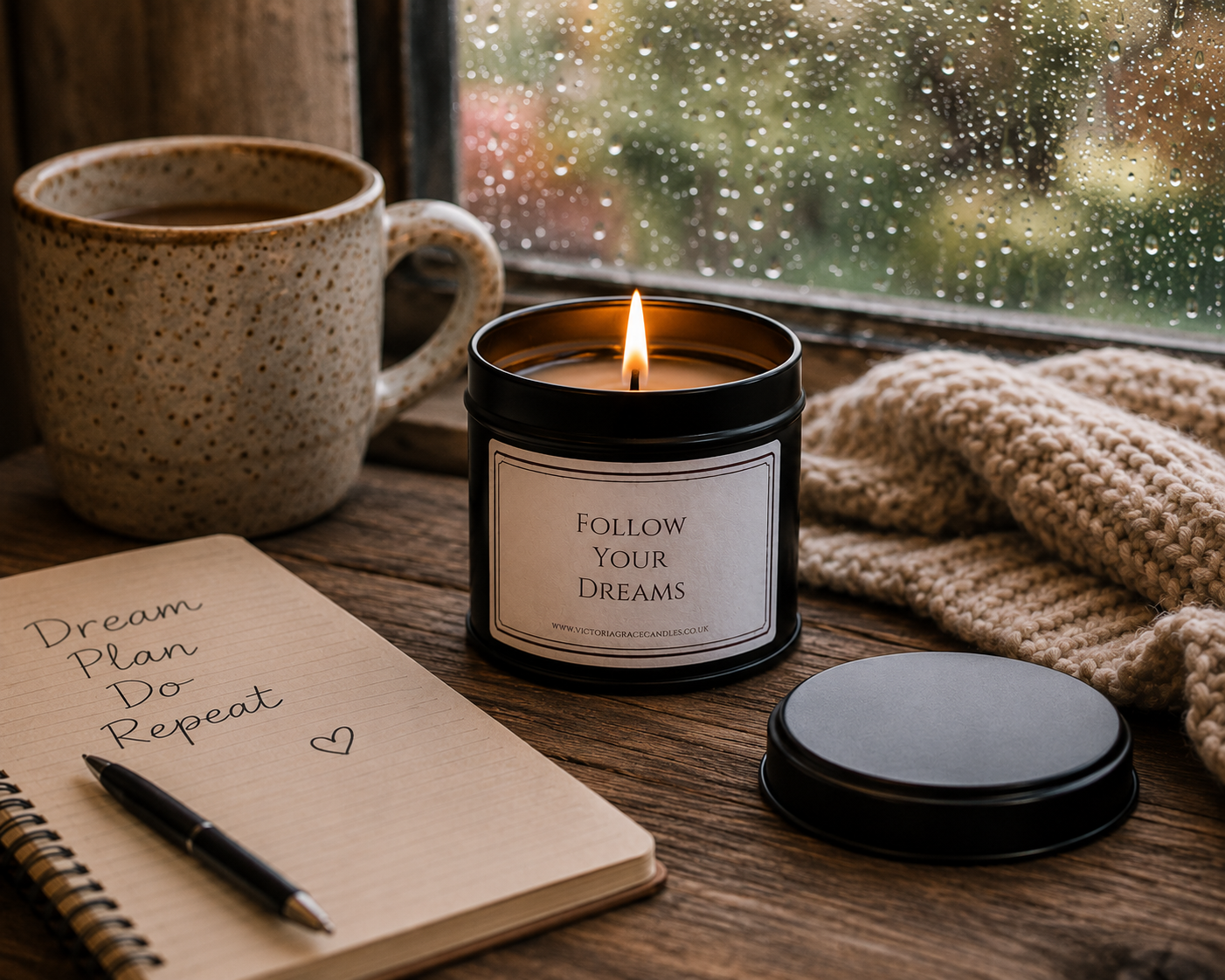 A black metal candle tin with a white label reading 'FOLLOW YOUR DREAMS' sits lit on a wooden windowsill beside a ceramic mug, a notebook with handwritten text, a pen, and a knitted beige scarf.