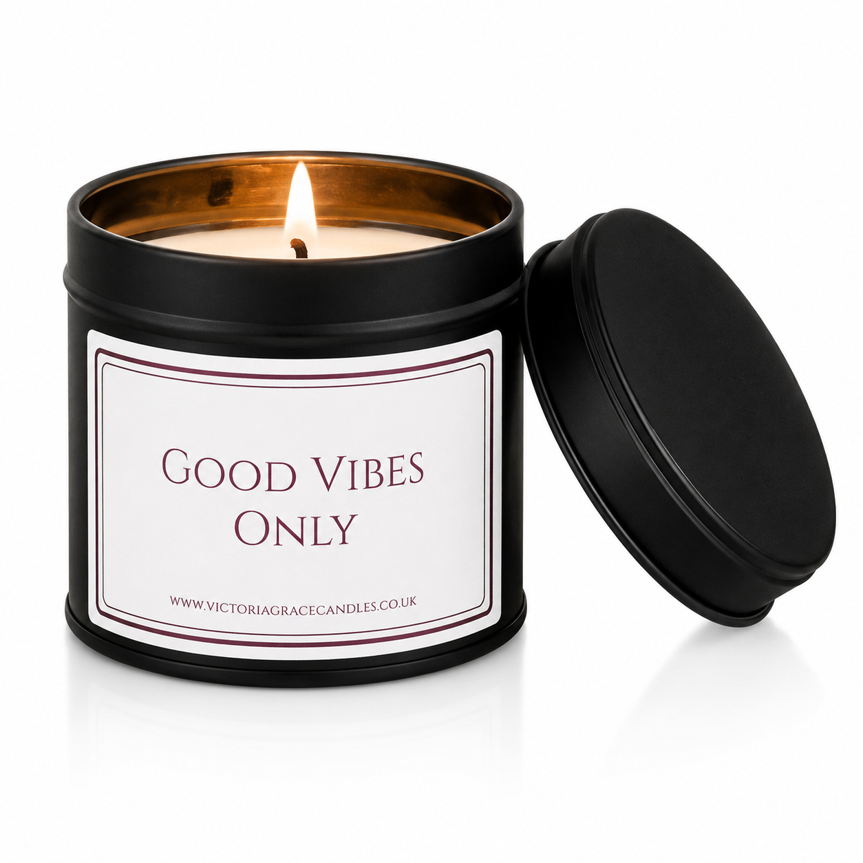 Good Vibes Only luxury soy candle on a clean white background with black lid beside the candle.