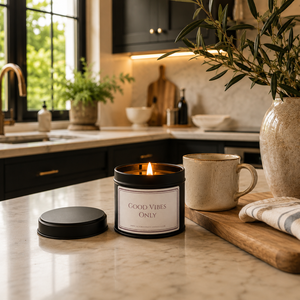 Good Vibes Only luxury candle displayed in a modern designer kitchen with elegant styling.