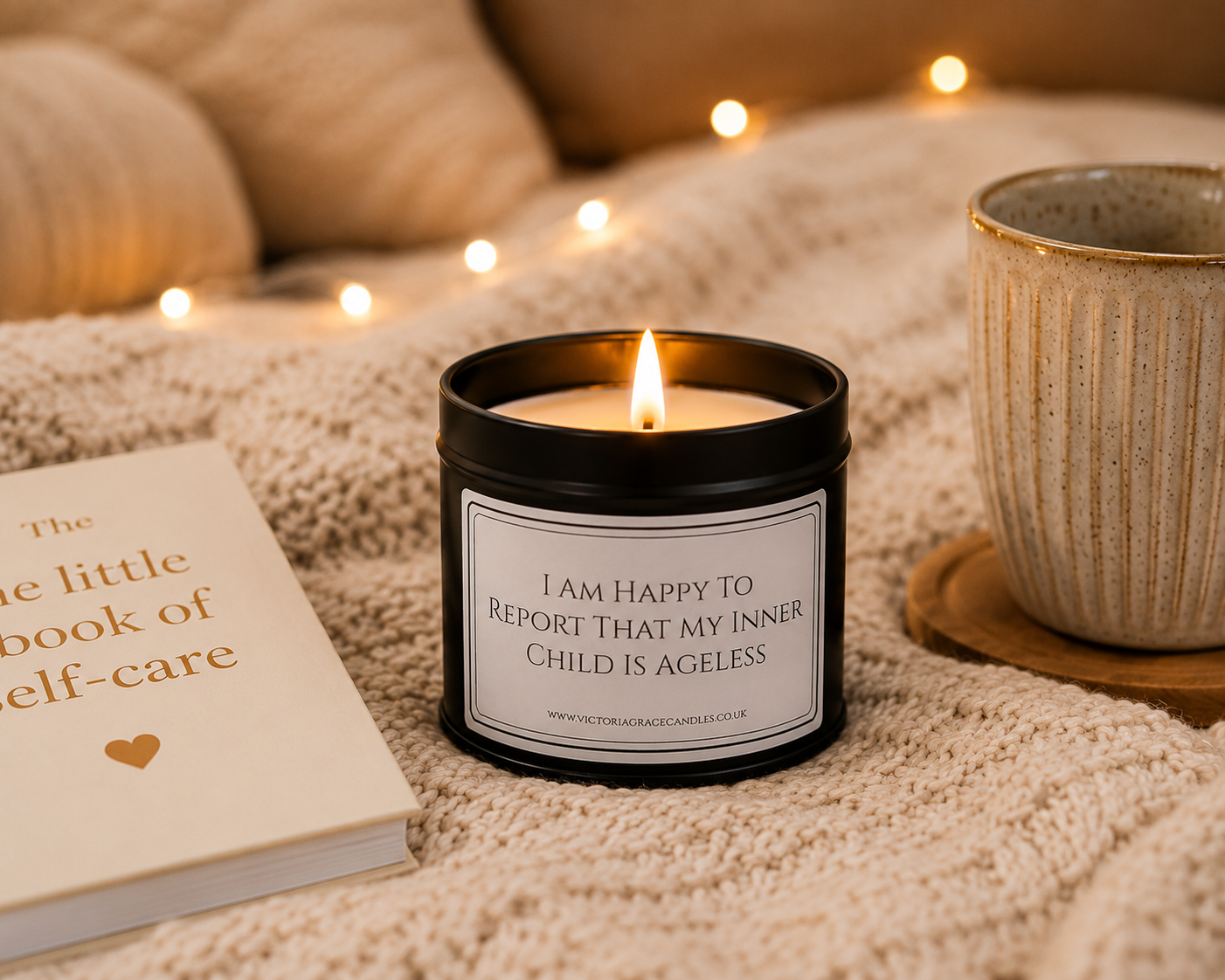 A black candle jar with a white label reading 'I AM HAPPY TO REPORT THAT MY INNER CHILD IS AGELESS' sits on a beige knit blanket next to a book and a ceramic mug, with warm fairy lights blurred in the background.