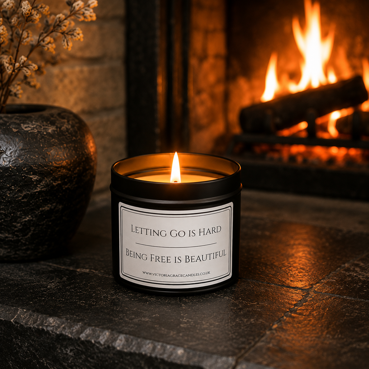 A black glass jar candle with a white label reading 'LETTING GO IS HARD BEING FREE IS BEAUTIFUL' sits on a stone surface in front of a warm fireplace. A dark vase with dried flowers is on the left, and the fire burns in the background.