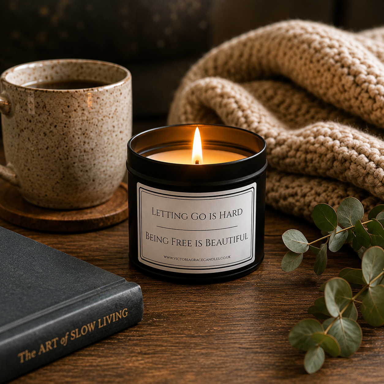 A lit black candle jar with a white label reading 'LETTING GO IS HARD BEING FREE IS BEAUTIFUL' sits on a wooden table beside a speckled mug, a knitted blanket, a book, and eucalyptus leaves.