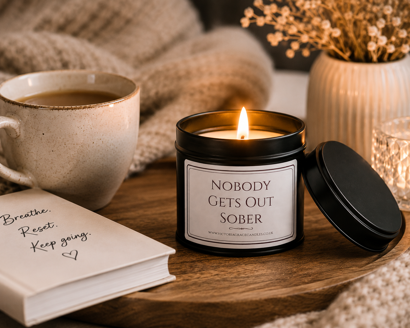 Luxury black soy wax candle creating a warm evening atmosphere with soft lighting, cosy textures and a glass of wine.