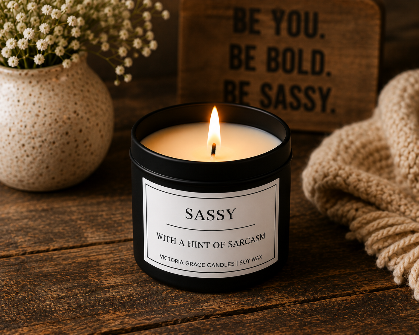 A lit black candle jar labeled 'SASSY' sits on a rustic wooden table, surrounded by a speckled ceramic vase with small white flowers, a knitted beige throw, and a wooden sign in the background.