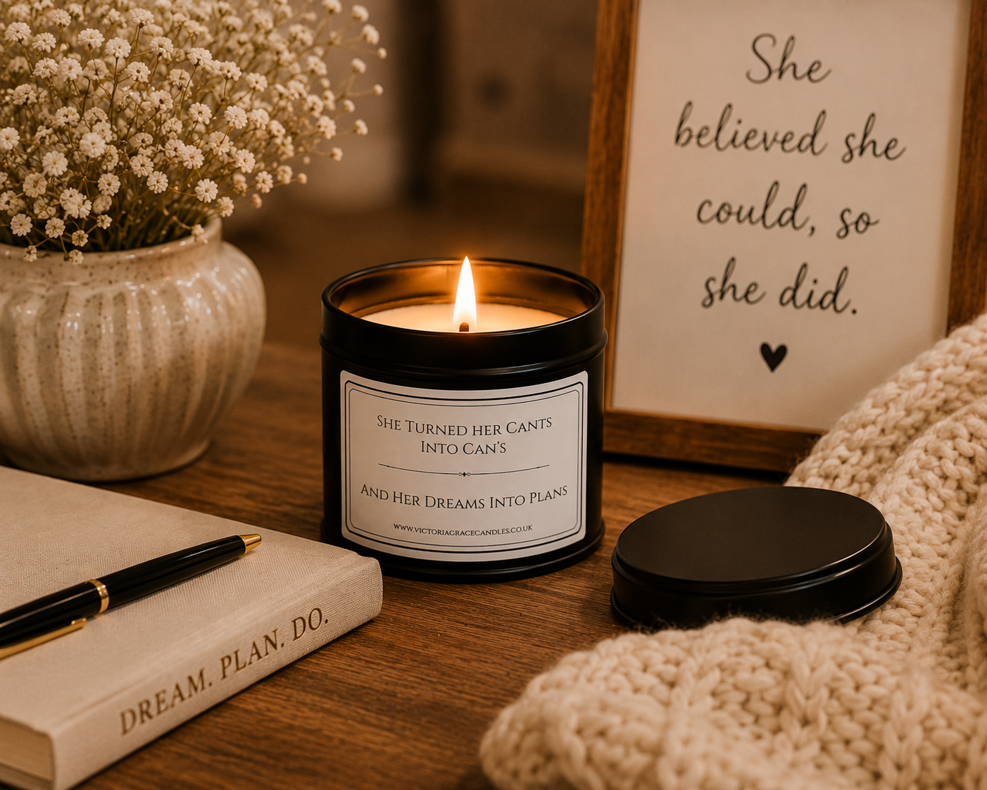 A lit black candle jar with a white label sits on a wooden table beside a closed book, pen, dried flowers in a vase, a knitted blanket, and a framed quote that reads, 'She believed she could, so she did.'.