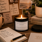 A lit candle in a black glass jar sits on a wooden desk surrounded by motivational notes, a mug, books, and a notebook in a cozy styled setting.