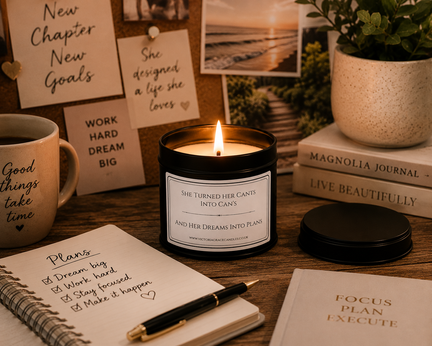 A lit candle in a black glass jar sits on a wooden desk surrounded by motivational notes, a mug, books, and a notebook in a cozy styled setting.