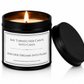 A black metal candle tin with a lit candle inside and the lid resting beside it on a white background. The front label reads, 'SHE TURNED HER CANTS INTO CAN'S AND HER DREAMS INTO PLANS'