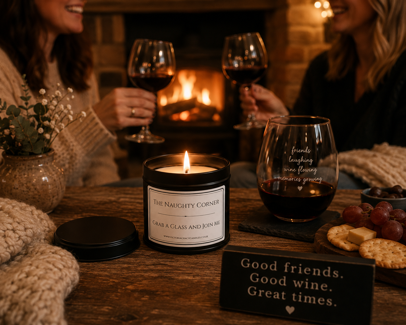 A cozy living room scene with two women holding wine glasses near a fireplace, with a candle and a wine glass engraved with quotes on a wooden table in the foreground.