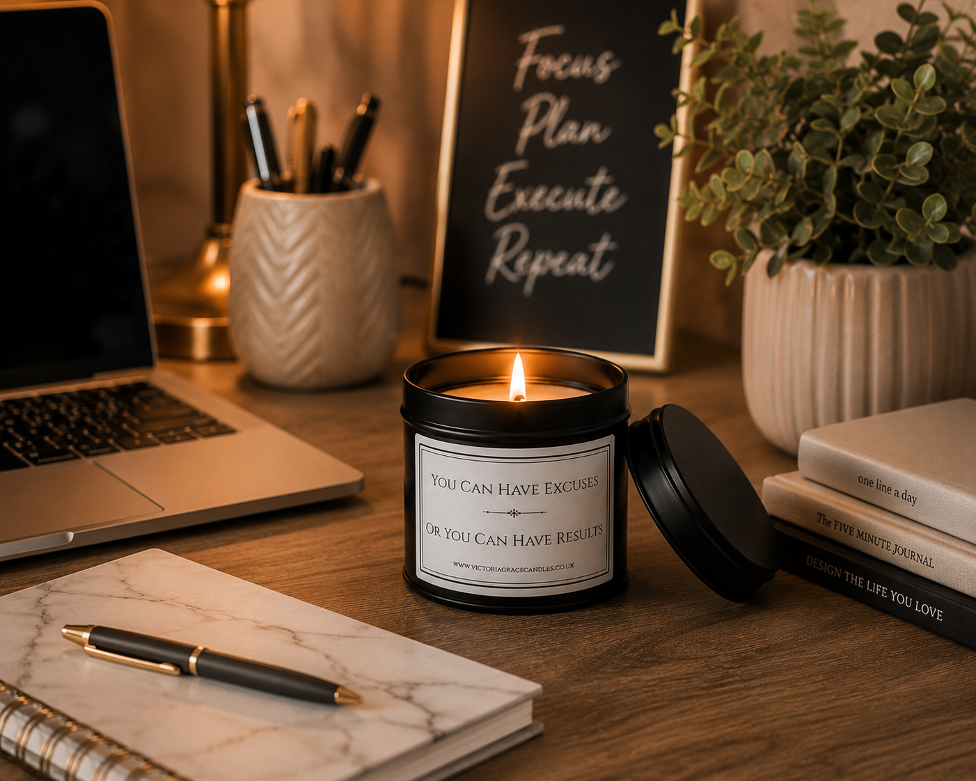 Luxury motivational soy wax candle in a modern office setting with a laptop, stationery and calming décor, ideal for productive working.
